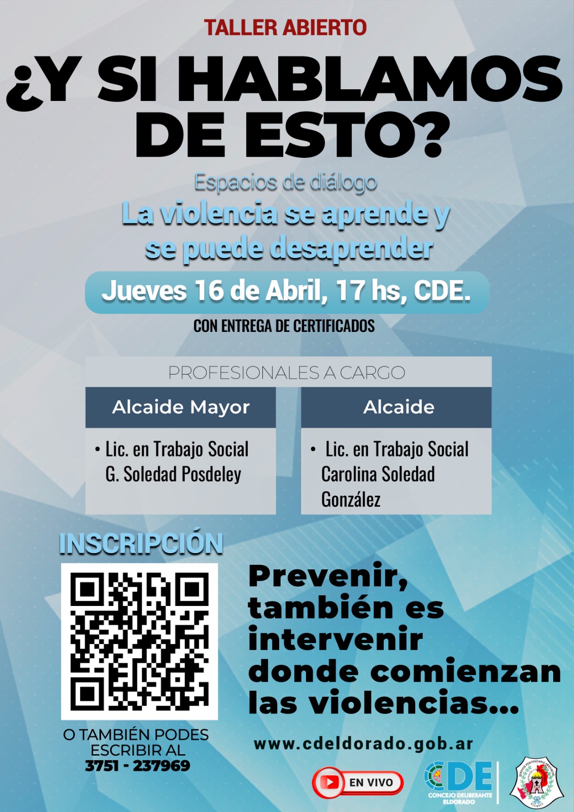 Realizarán un Taller Abierto sobre prevención de violencia 2